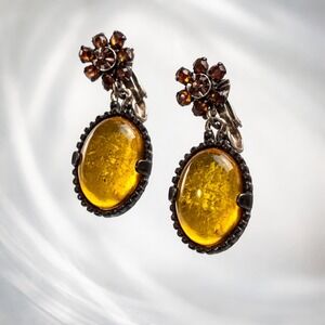 Vintage Amber Glass Drop‎ Earrings Brown Rhinestone Flower Gunmetal Clip On